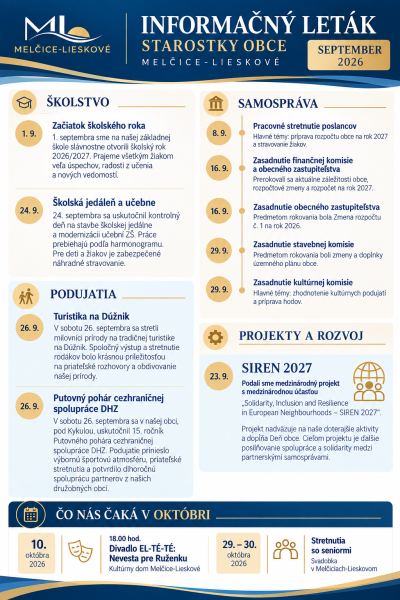 Informačný leták Melčice‑Lieskové — september 2026: otvorenie školy a plán podujatí